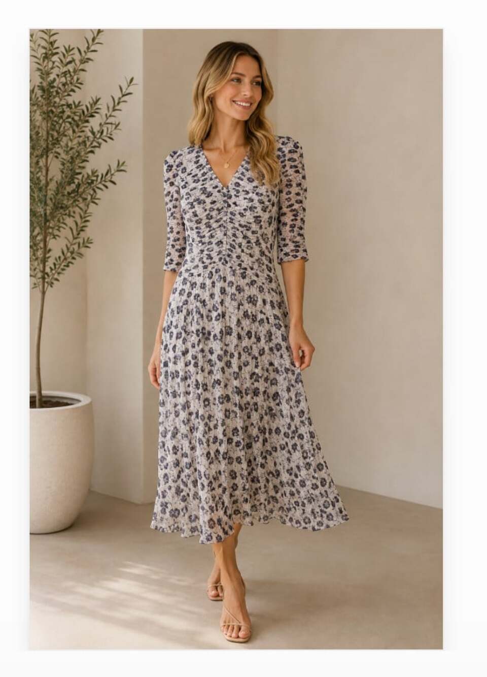 Rebecca Taylor Dress Womens 6 Blue Floral Ruched Fit Flare Midi 3/4 Sleeve